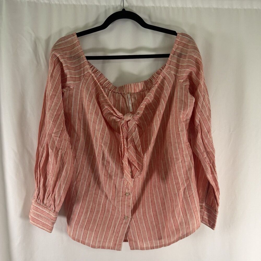 Free People Linen Blouse Women's Large Red White Striped Off Shoulder Long Slv